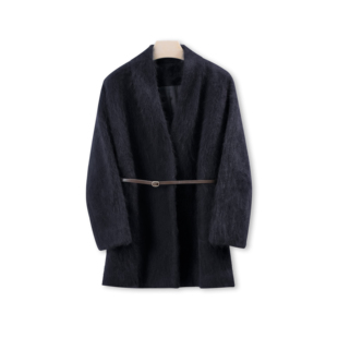 山羊绒皮草感羊毛拉毛工艺V领皮腰带女士中长款长毛大衣外套秋冬