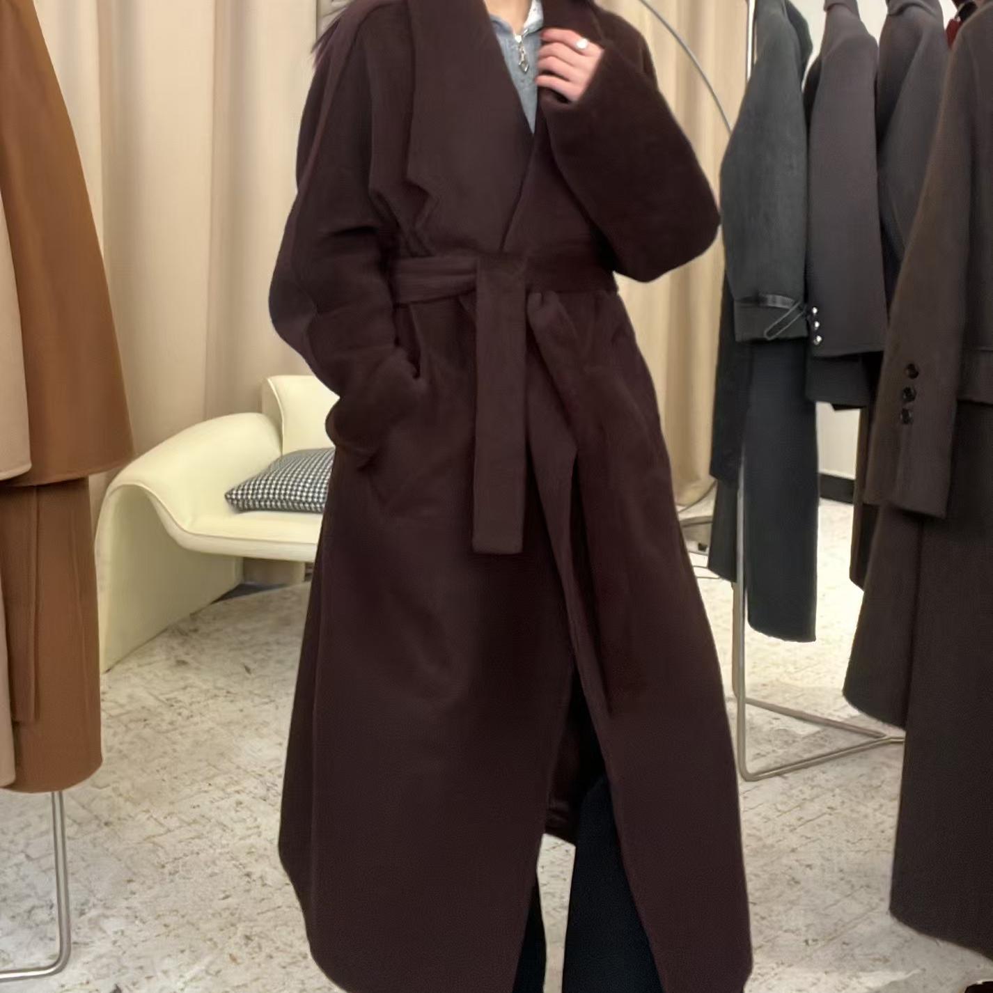 苏丽羊驼带内衬大翻领系带女超长款宽松大衣2025春款休闲薄款外套
