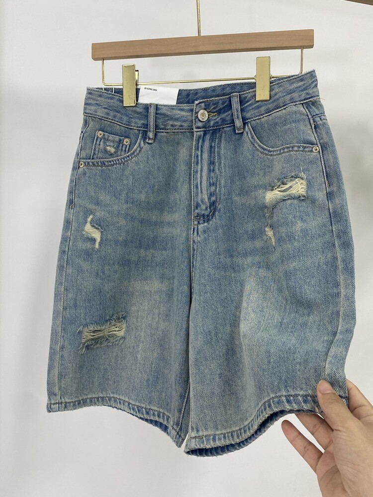 RIPPED STRAIGHT DENIM CROPPED PANTS WOMENS NEW SUMMER KOREAN VERSION HIGH WAIST LOOSE NICHE A-LINE SHORTS WIDE LEG MID PANTS