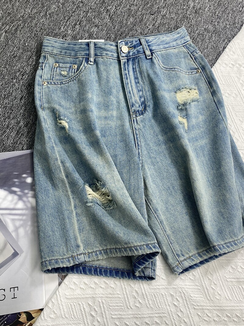 RIPPED STRAIGHT DENIM CROPPED PANTS WOMENS NEW SUMMER KOREAN VERSION HIGH WAIST LOOSE NICHE A-LINE SHORTS WIDE LEG MID PANTS
