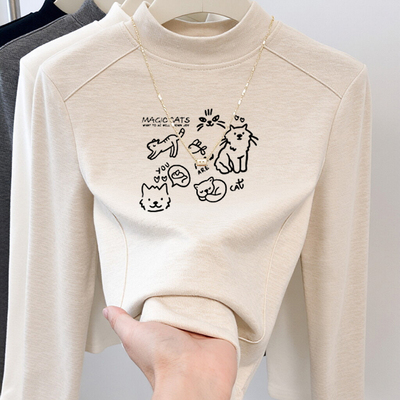 女童白色纯棉长袖t恤2025新款秋冬磨毛加厚修身巨好看内搭打底衫