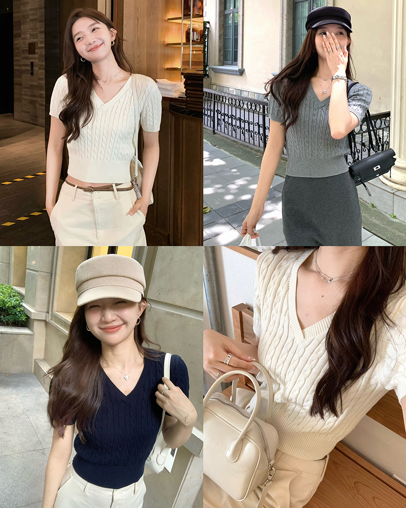 77storeV领麻花套头短款针织衫女春秋季新款弹力修身短袖打底毛衣