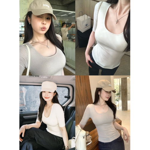 带胸垫天丝U领正肩短袖T恤上衣女