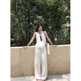 77store 天丝亚麻休闲裤女2026夏季高腰薄款西装裤直筒垂感阔腿裤