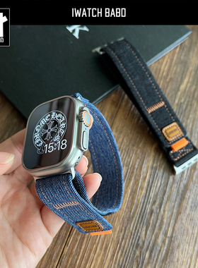 做旧牛仔帆布尼龙回环表带适用苹果手表S9运动腕带iwatchS10表带