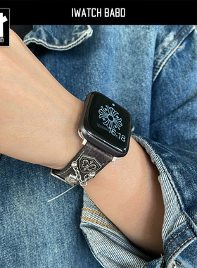 适用苹果手表复古朋克风真皮表带牛皮45表带applewatch10皮质腕带