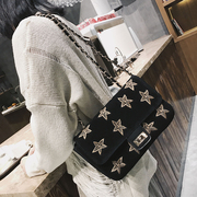 2017秋季新款韩版星星刺绣包链条小方包锁扣包简约斜挎包单肩包