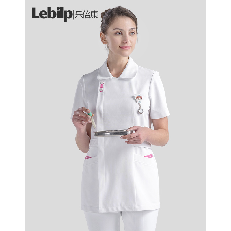 乐倍康护士服美容院工作服短袖女修身口腔医院斜襟分体白色防静电