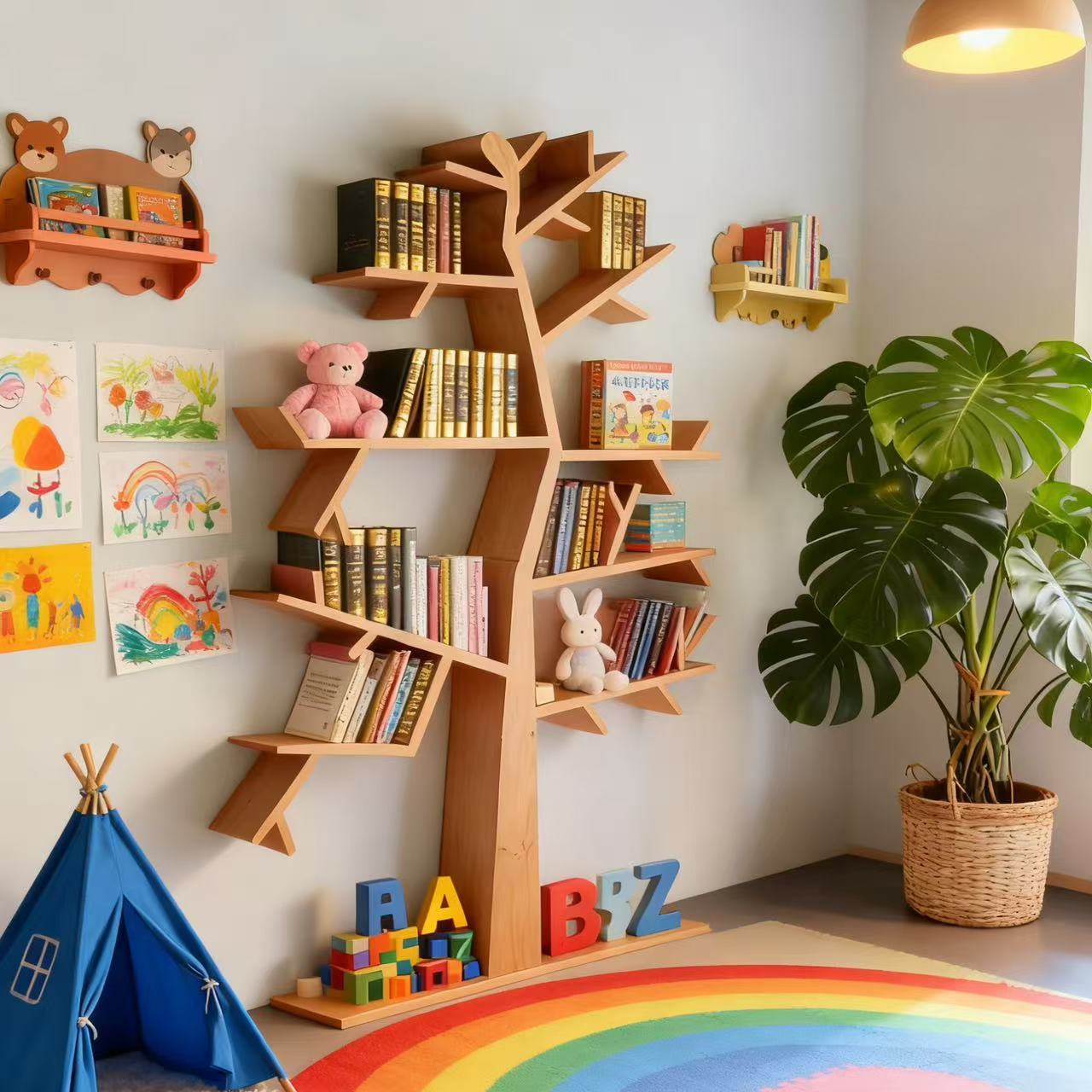 实木艺术墙壁落地幼儿园树形书架