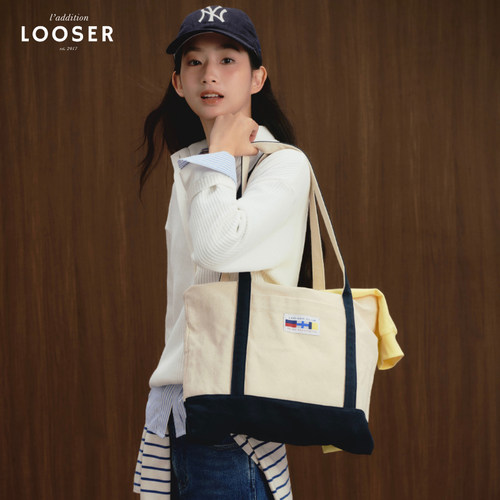 iamLOOSER 秋季系列新款藏蓝拼色帆布包时尚休闲大容量轻便通勤