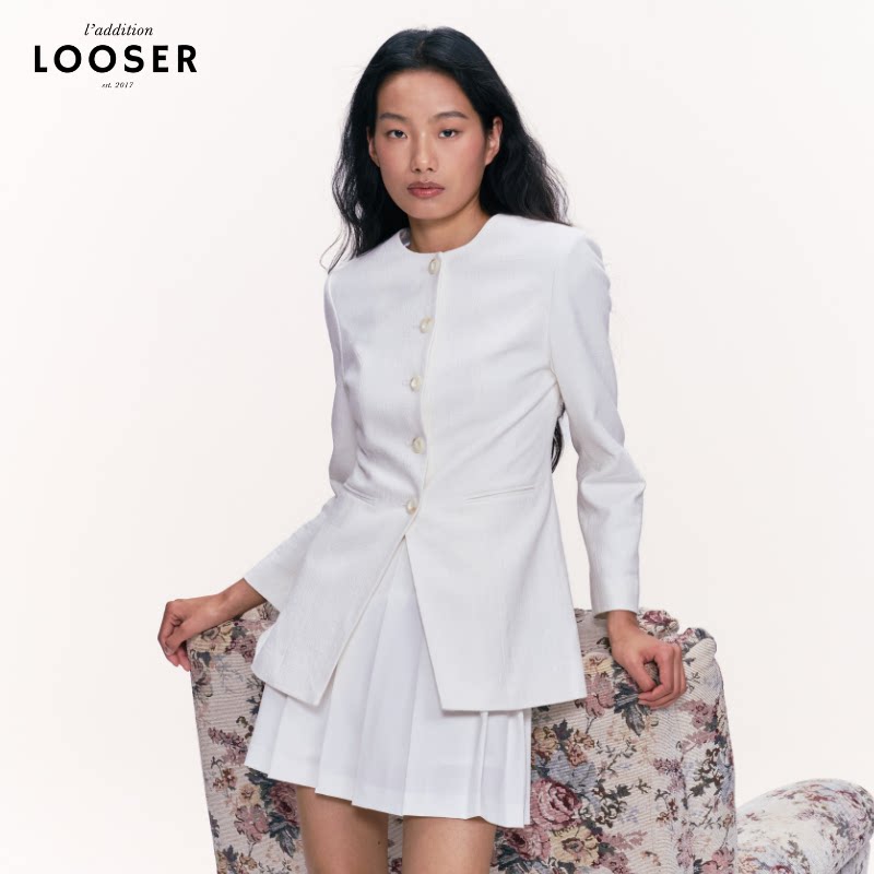 iamLOOSER 春季系列 白色圆领棉麻西装外套知识分子清冷高智感