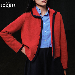 iamLOOSER节日系列自带慵懒舒适感红色拼边羊毛翻领针织开衫外套