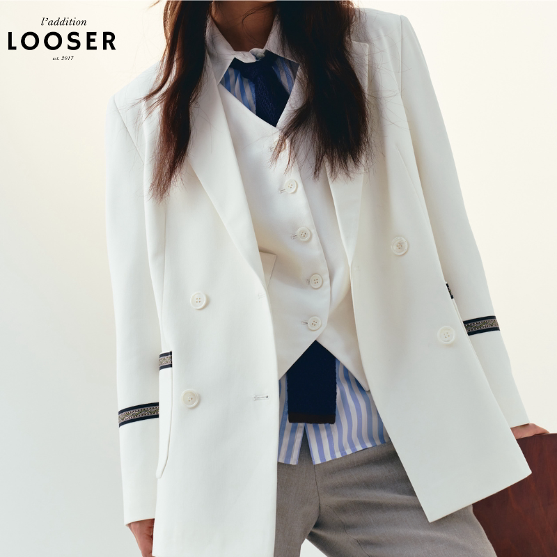 LOOSER奶白色撞色织带廓形西装