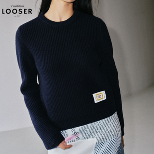 iamLOOSER节日特别系列利落松弛感经典款藏蓝色圆领羊绒套头毛衣
