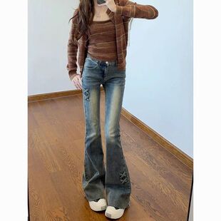 潮流辣妹通勤高腰双扣微喇牛仔裤女春秋新款显瘦显高微喇牛仔裤潮