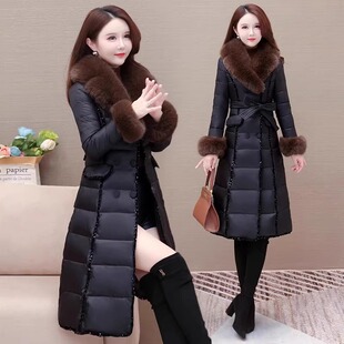 时尚大毛领中长款棉服2025年新款冬季收腰系带女装宽松显瘦外套冬