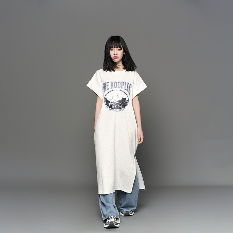 LOUZING懒人过膝t恤裙女新款2024春装小个子韩版宽松直筒连衣裙潮