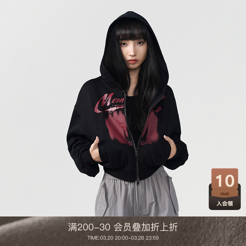 LOUZING美式复古卫衣女秋冬连帽小个子撞色印花拉链短款黑色外套