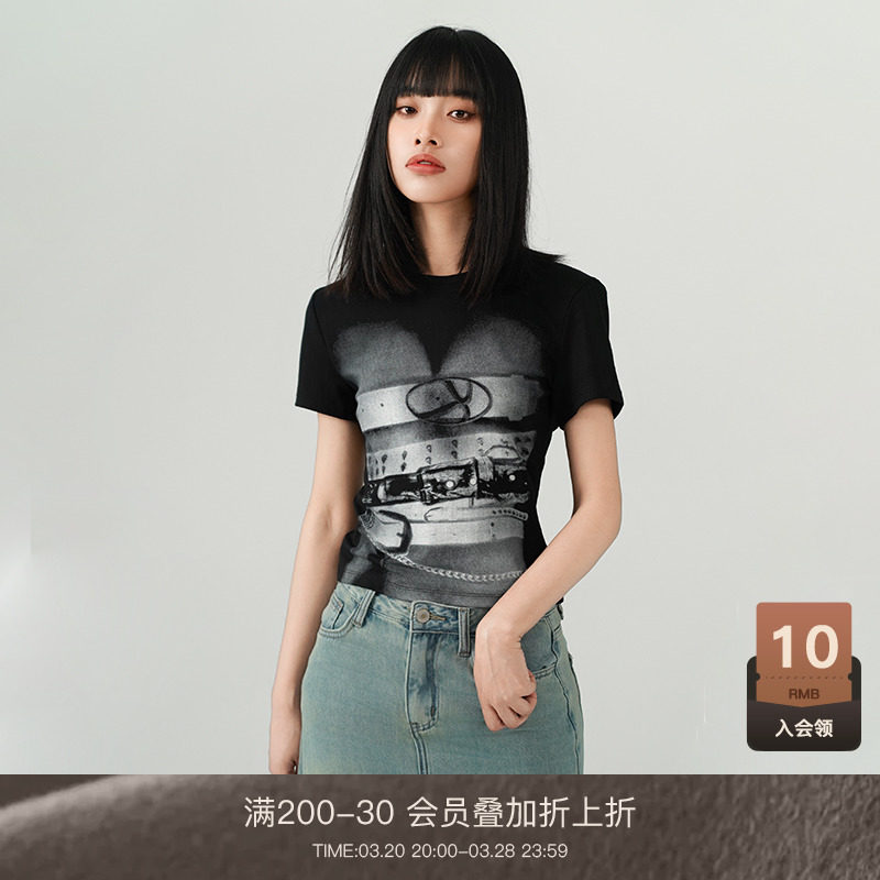 LOUZING美式复古短袖t恤女2025新款爆款小个子高腰个性黑色上衣潮