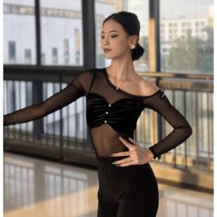 舞月INSPIRATION拉丁摩登款网纱拼接丝绒珍珠长袖带胸垫斜肩显瘦