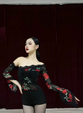 舞月LOYAL舞服拉丁舞服练功服修身上衣摩登舞服网纱连体衣长袖