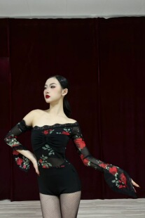 舞月LOYAL舞服拉丁舞服练功服修身上衣摩登舞服网纱连体衣长袖