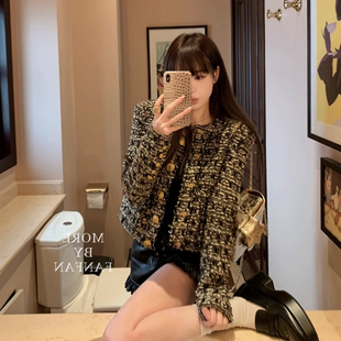 法式 小香风暗夜鎏金细闪银丝纱狮子头金扣开衫粗花呢直筒短外套