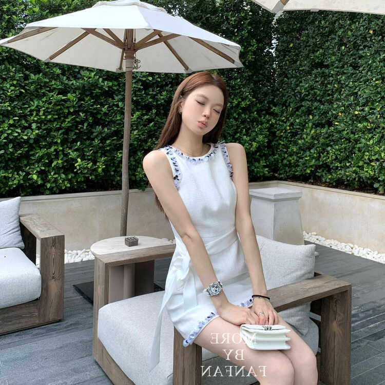 小香风重工珠片拼接气质无袖修腰连衣裙带腰带收腰显瘦背心裙夏季