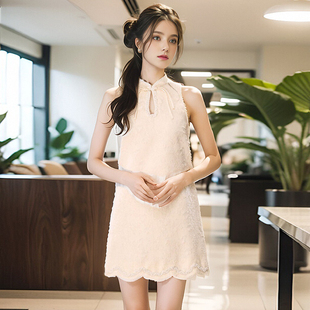 新中式盘扣连衣裙女镂空立领夏季小众设计感千金风无袖A字裙短裙