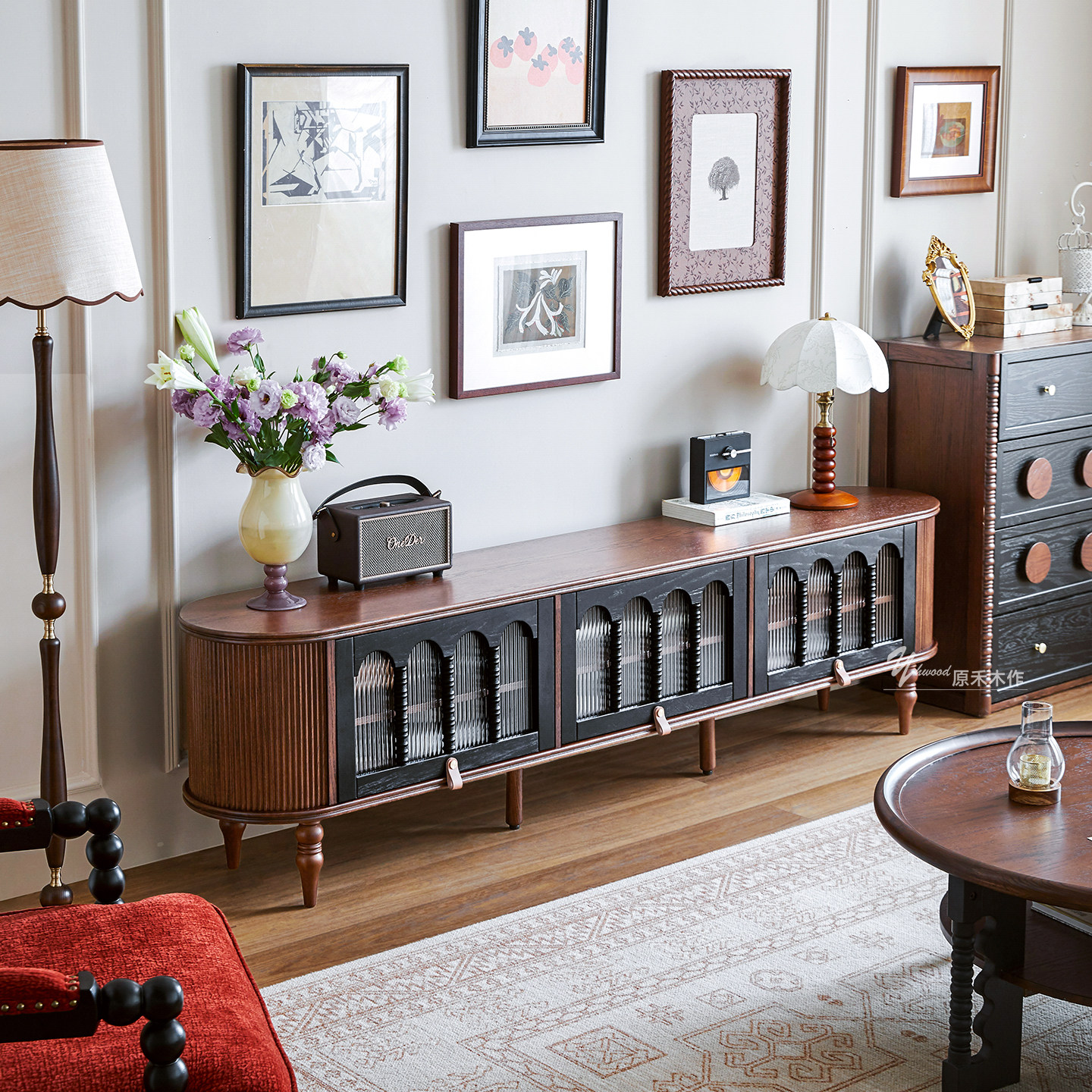 法式复古实木电视柜美式中古风客厅储物柜小户型收纳柜高级感落地