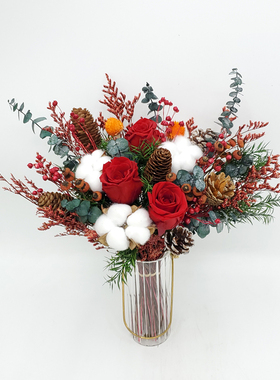 天然真花永生花红玫瑰花花束家居客厅装饰干花摆件圣诞喜庆摆设