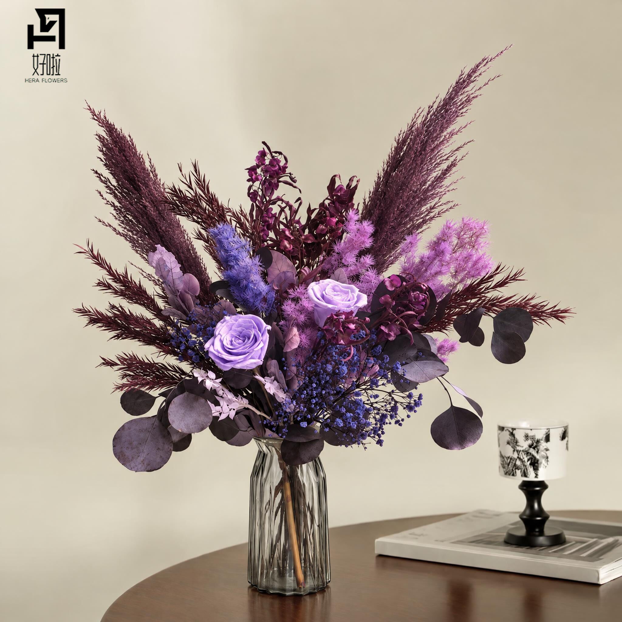 紫色永生玫瑰花干花玻璃瓶插花