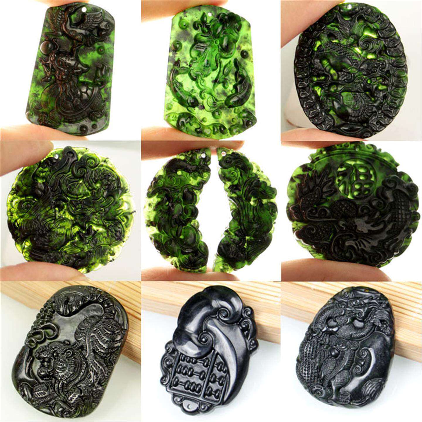 墨玉吊坠天然药王石蛇纹石玉龙牌老虎墨绿玉牌子挂件玉坠玉雕