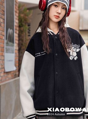 小博王大童女孩棒球服外套2025新款秋冬装青少年夹棉呢子休闲衣潮