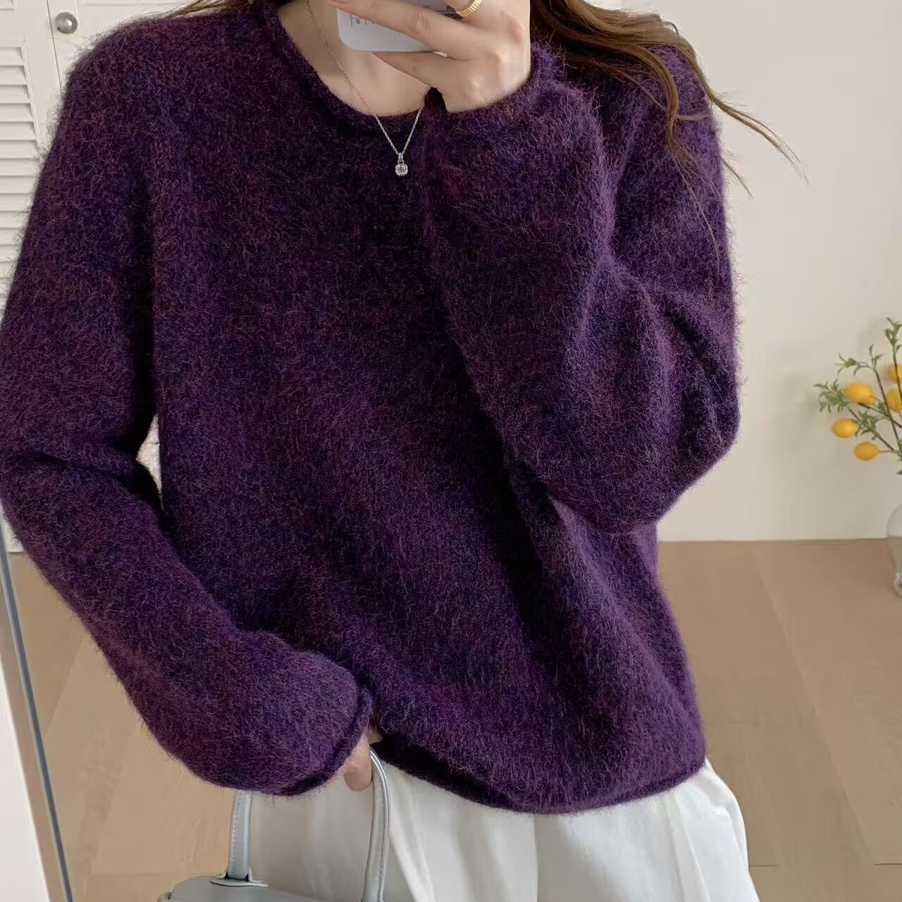 高级感葡萄紫色马海毛毛衣女秋冬软糯慵懒风内搭卷边针织上衣