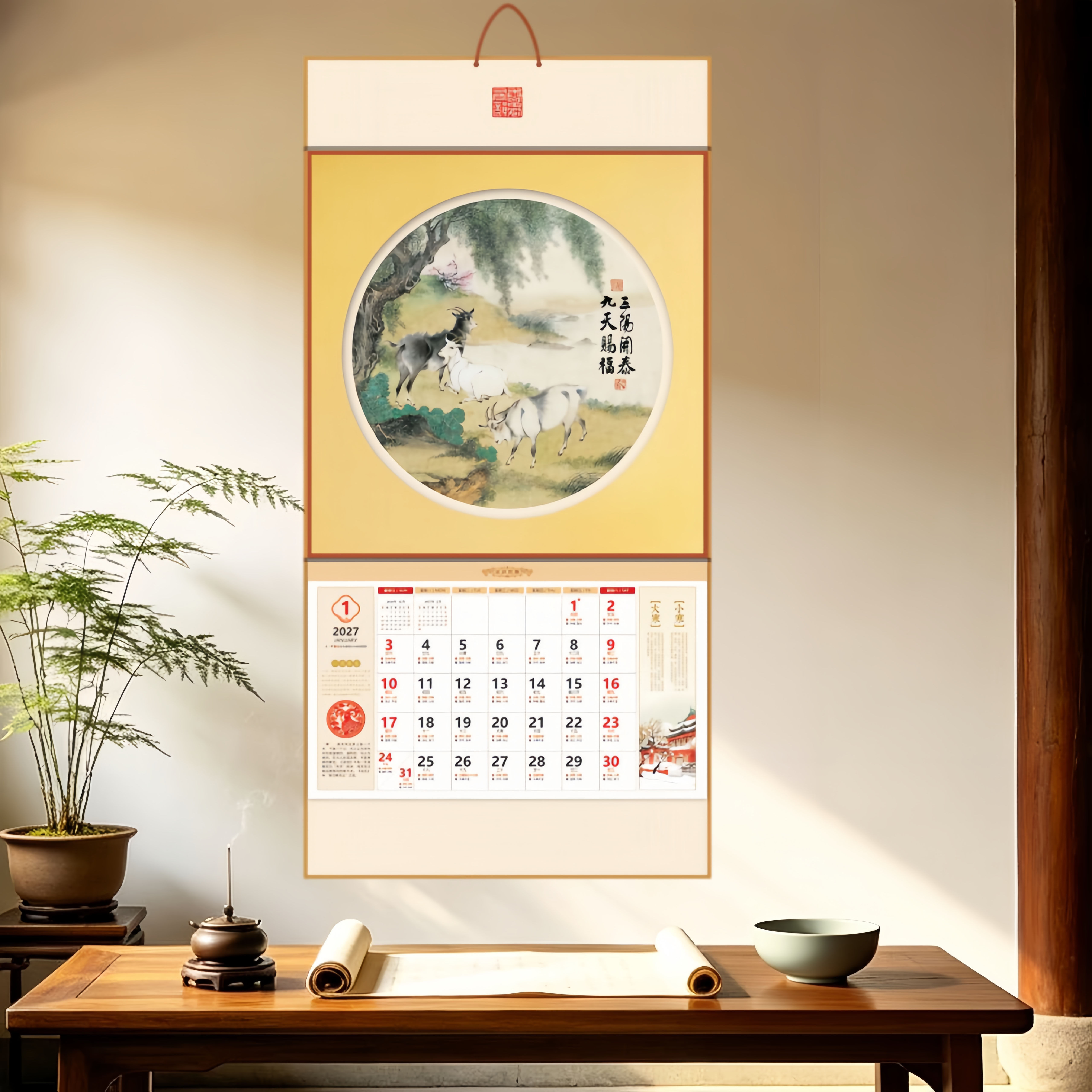 2027年新款中国风古画创意流苏大号挂历羊年家用挂墙装饰手撕月历定制广告文字平安喜乐日历新年礼品