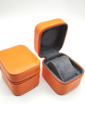 高档PU皮拉链手表盒收纳便携式旅行礼盒腕表橙色包装盒创意印字图