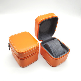 高档PU皮拉链手表盒收纳便携式旅行礼盒腕表橙色包装盒创意印字图