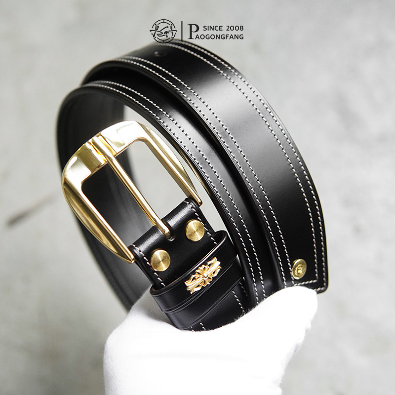 男士百搭光面头层牛皮手工皮带定制 【MJ12A黄铜抛光+马缰】