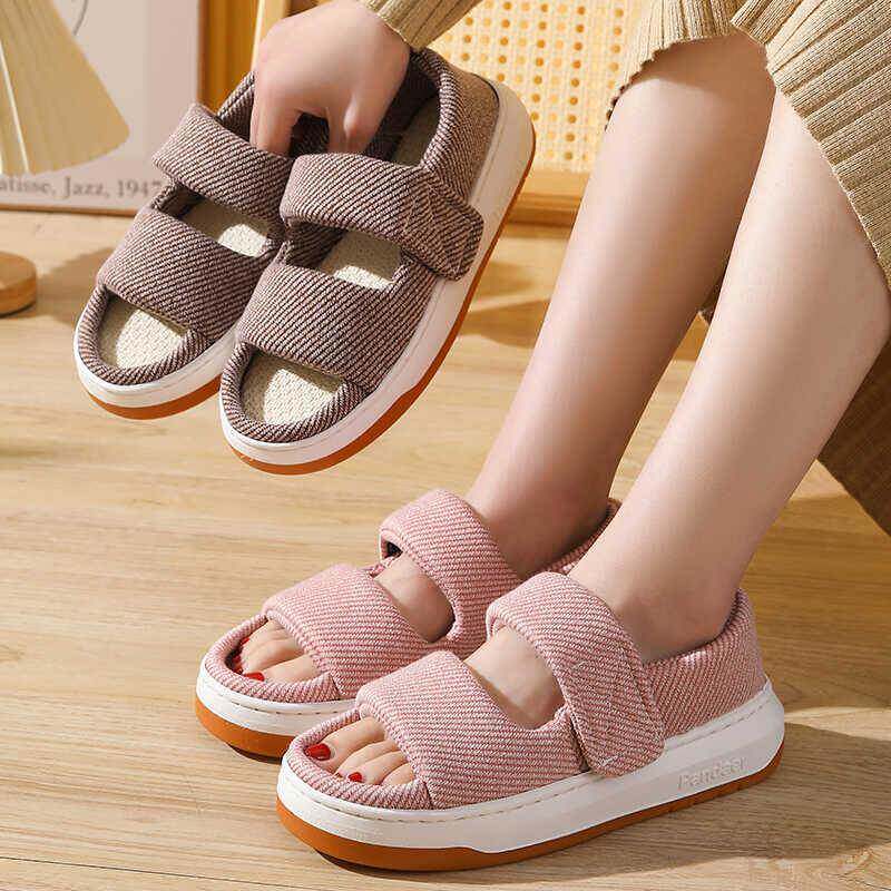 2025新款男女夏季亚麻凉鞋包跟居家外穿中老年透气防滑平底布凉鞋