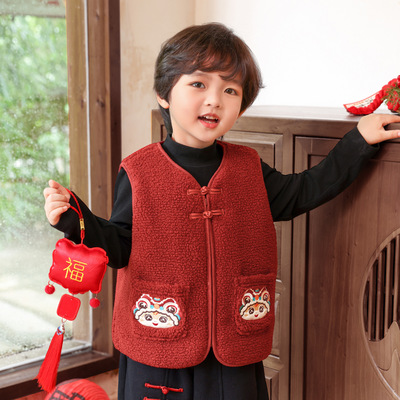 男童摇粒绒马甲儿童秋冬款2025新款男孩冬季保暖背心内搭拜年服