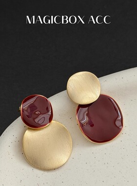 MAGICBOXACC轻奢几何圆形耳环女哑金色酒红色撞色设计925银针耳钉