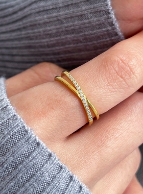 MAGICBOXAC简约气质百搭交叉镶钻钛钢洗手不用摘戒指食指戒指女