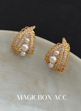MAGICBOXACC法式轻奢镂空蕾丝珍珠耳钉女小众设计感气质百搭耳环