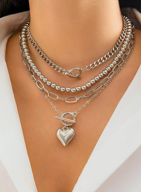 欧美嘻哈简约串珠套装necklace女士百搭几何OT扣短款爱心项链饰品