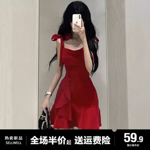 红色吊带连衣裙子女装 夏季 小个子法式 2024新款 气质高级感辣妹短裙