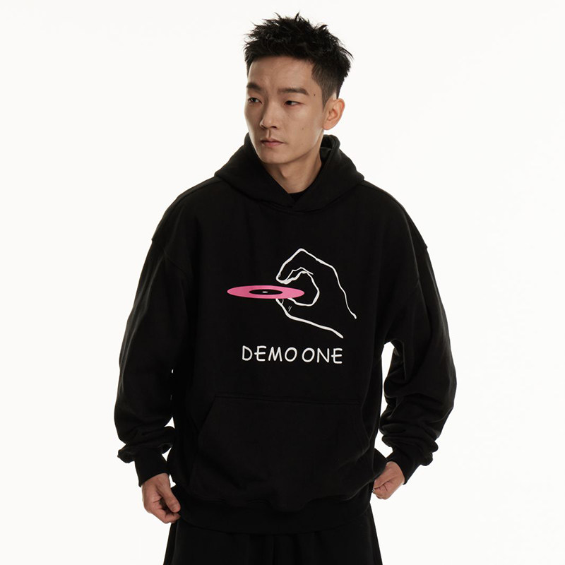 DemoOne 粉色唱片 手势抓碟印花连帽卫衣男女春季重磅情侣帽衫