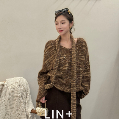 羊驼马海毛珠片复古毛衣配围巾