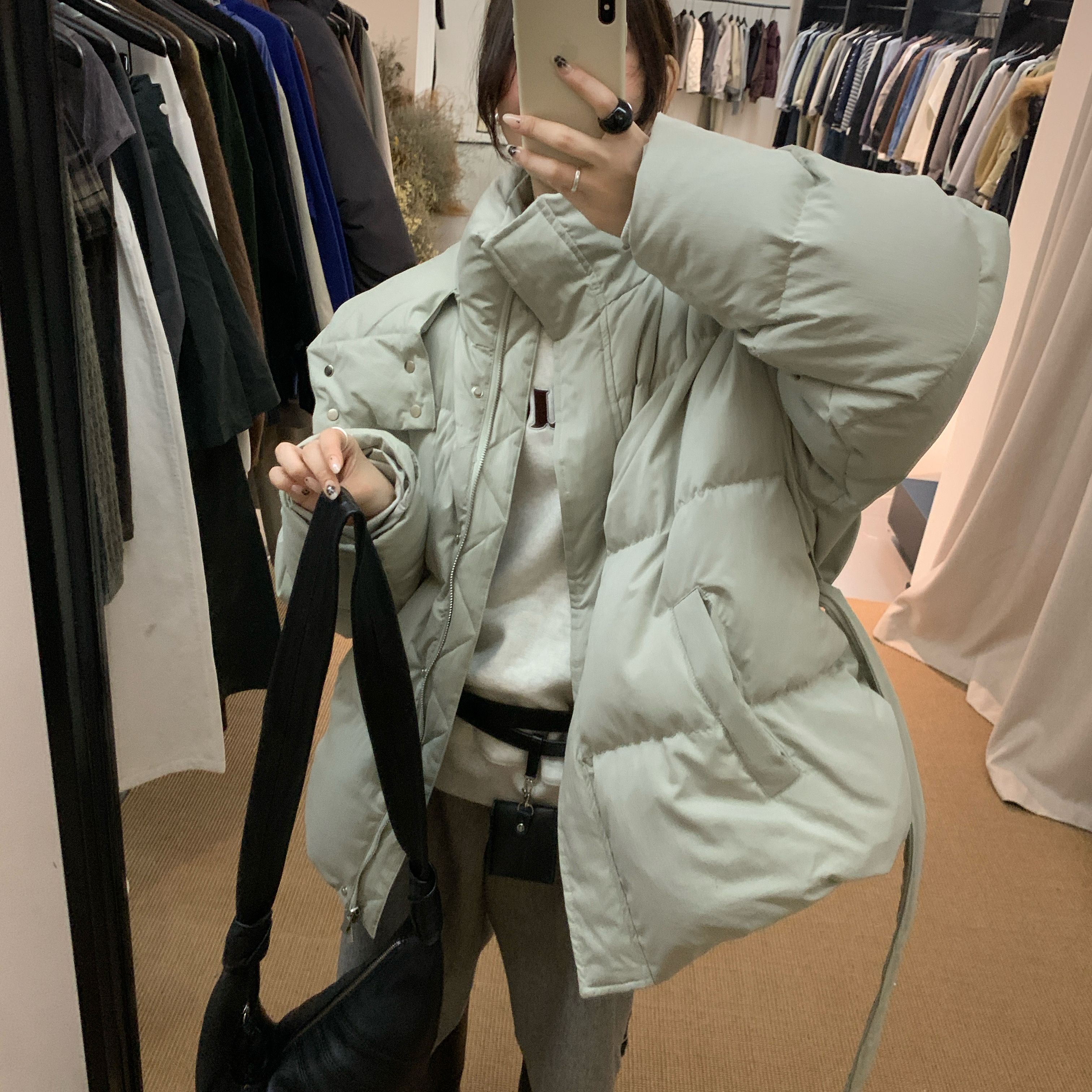 【YUXI严选】韩国东大门冬季新款小众设计感保暖羽绒服外套配腰带