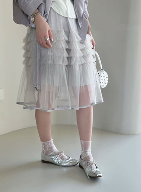 【YUXI严选】春款韩系清新甜美少女木耳边网纱半身温柔百搭